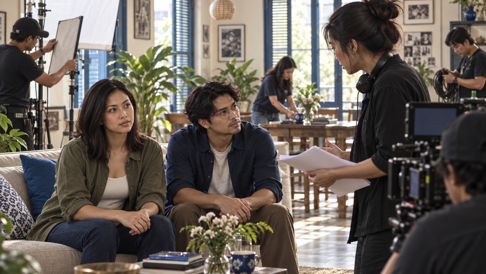 Aisha Rahman and her scene partner receiving direction on a sunlit Malaysian film set
